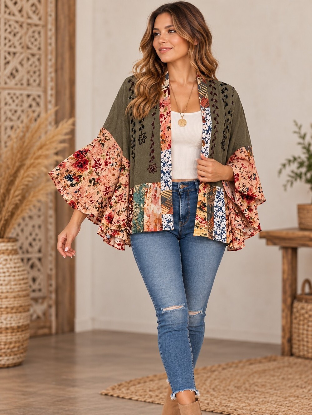 🌵602. Boho Floral Patchwork Kimono Shrug in Olive